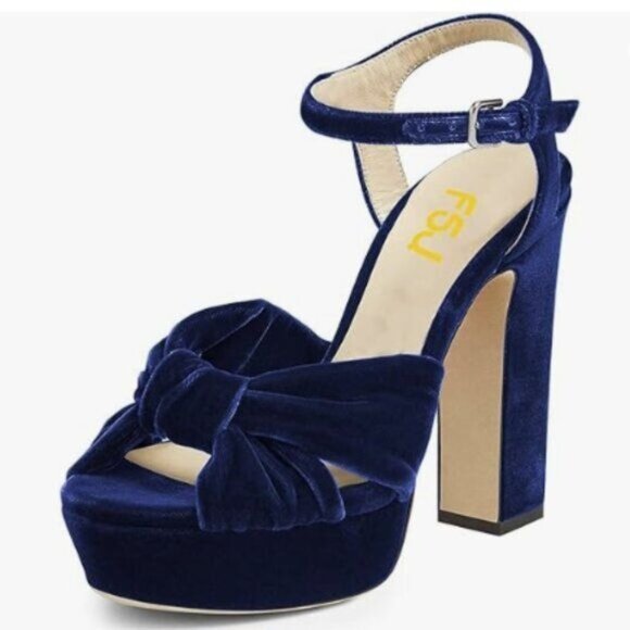 FSJ Women Platform Chunky Block High Heel Sandals Peep Toe Ankle Strap Blue - Picture 1 of 8